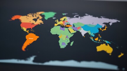  Colorful world map illustration showing different continents and countries on a black background.