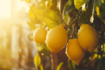 Wall Mural - Bunch of fresh ripe lemons on a lemon tree branch in sunny garden