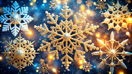 Christmas glittering glowing snowflakes particles and bokeh lights falling shiny background.