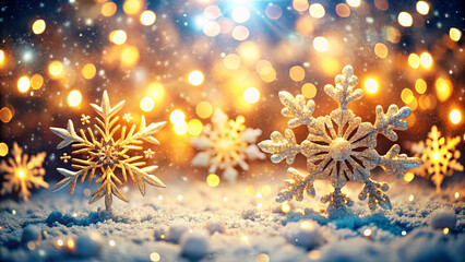 Christmas glittering glowing snowflakes particles and bokeh lights falling shiny background.