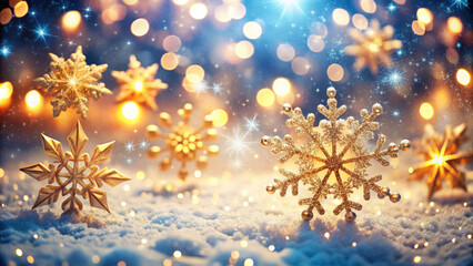 Christmas glittering glowing snowflakes particles and bokeh lights falling shiny background.