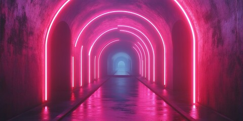 Wall Mural - Vibrant neon-lit tunnel with reflective surfaces creating a surreal atmosphere at dusk