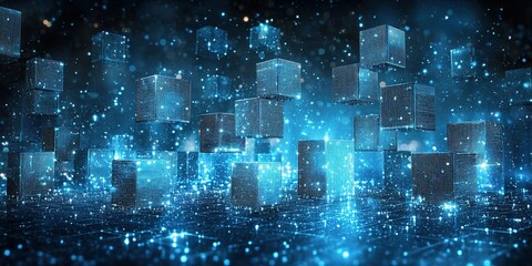 Wall Mural - digital cubes float in a glowing blue environment creating a futuristic landscape during a high-tech