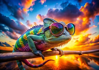 Wall Mural - surreal cool chameleon wearing sunglasses in vibrant landscape