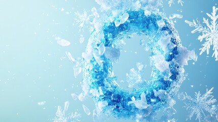 Poster - Vibrant blue ice circle surrounded by snowflakes creating a winter wonderland atmosphere in a cool color palette. Generative AI