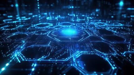 Futuristic digital network; glowing hexagons; data streams; technology background; website header