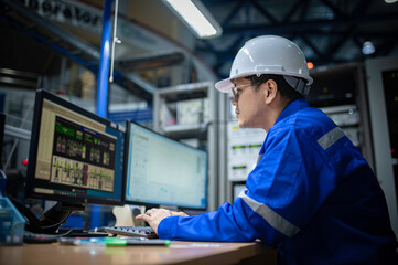 engineer working at control room,manager control system,technician man monitoring program from a lot