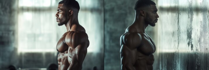 Poster - Muscular man stands confidently in gym setting while preparing for intense workout during evening hours. Generative AI