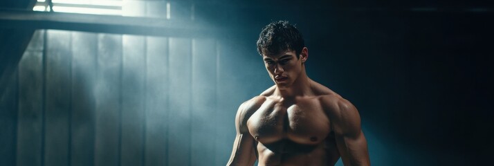 Aufkleber - Muscular man training in gym spotlight during intense workout session in the evening hours. Generative AI