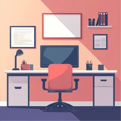 Poster - A Minimalist Home Office Setup with Desk, Computer, Chair and Framed Artwork, Creating a Clean and Inspiring Workspace