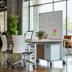 Poster - Bright Office Workspace with Modern Desk and Whiteboard for Collaborative Projects in a Contemporary Environment