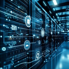 Aufkleber - Data Center Infrastructure with Digital Overlay: Network Servers and Information Flow in Bright Blue