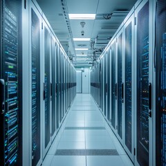Poster - Data Center Server Room: Rows of Servers in a High-Tech Facility with Cooling System and Network Cables