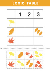 logic game for children. logic table worksheet for kids. cut and match worksheet for preschool child