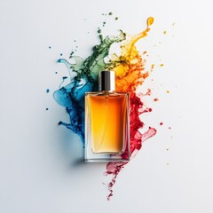 Aufkleber - Fragrance of Spectrum: A Colorful Explosion of Scent Emanates from a Modern Perfume Bottle on a Clean White Background