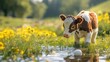 © Svitlana - Curious Calf Exploring Sunny Meadow Stream Surrounded by Vibrant Yellow Wildflowers