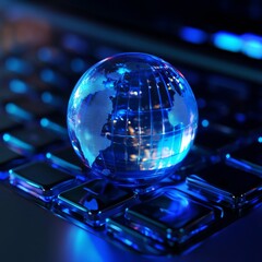 Aufkleber - Global Technology: A Glowing Globe Displaying the World on a Laptop Keyboard in a Futuristic and High-Tech Ambiance.