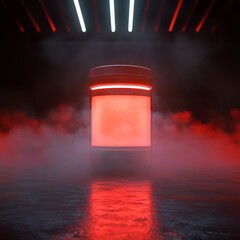 Aufkleber - Glowing Red Container in Smoky Cyberpunk Environment with Neon Lights Above