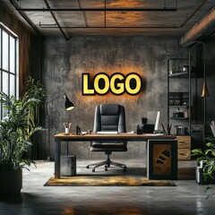 Poster - Modern Industrial Office Interior with Warm Lighting and Plant Accents, Featuring Glowing Logo Signage