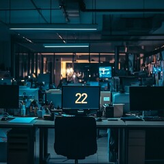 Poster - Open Office at Night: Desk with Computer Displaying 