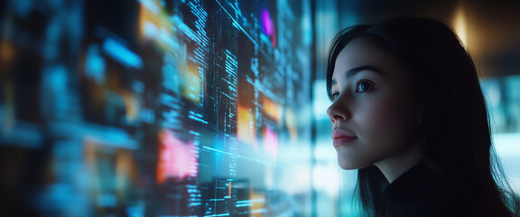 a close-up portrait of a young girl standing closer to a vibrant, glowing digital wall. for futurist