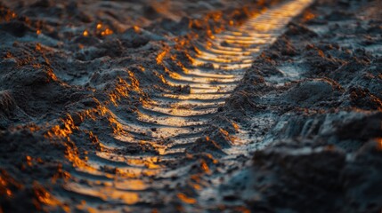 Leinwandbilder - Captivating close up of tire tracks on wet soil during sunset in an outdoor landscape. Generative AI