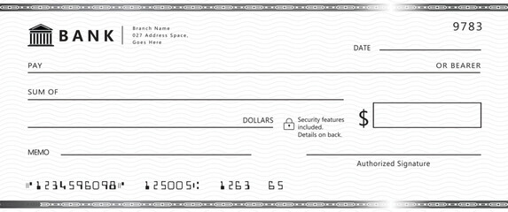 Wall Mural - blank bank check, checkbook cheque template with blue guilloche, vector mockup. money payment bank c
