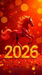 golden numerals 2025 and red horse with fiery mane. chinese new year