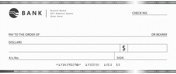 Wall Mural - blank bank check, checkbook cheque template with blue guilloche, vector mockup. money payment bank c