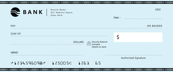 Wall Mural - blank bank cheque template design. bank check template