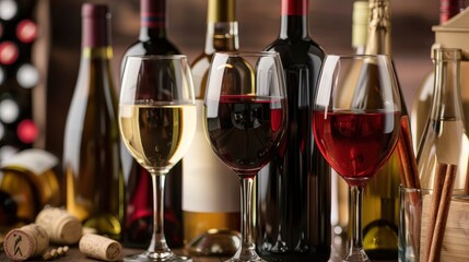 Fototapete - Assorted Wine Bottles and Glasses Captured in Natural Light