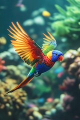 Canvas Print - Colorful Bird Flying Over Coral Reef