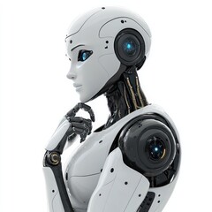 a robot with a white body and blue eyes