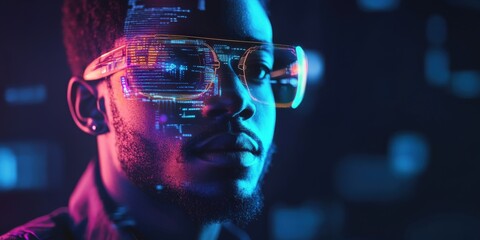 Futuristic coder interacting with holographic programming languages