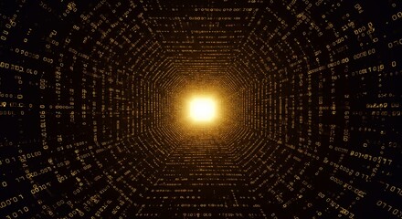 Wall Mural - high-tech futuristic background in brown-gold shades, 3d tunnel with binary code and glowing light