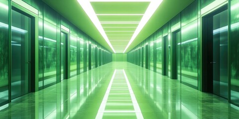 Poster - Long Green Hallway with Glass Doors