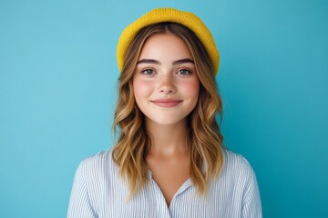 Wall Mural - portrait of young smiling woman in striped blouse and yellow cap on blue background, student girl, minimalistic