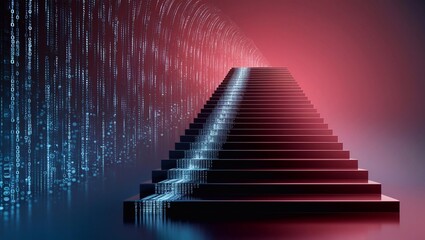 Wall Mural - digital 3d staircase on gradient red and blue futuristic background with data flows, binary codes em