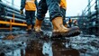 © JoxyAimages - A worker walks through a muddy terrain in bright yellow rubber boots, showcasing the tough conditions faced in outdoor construction and the importance of appropriate footwear.