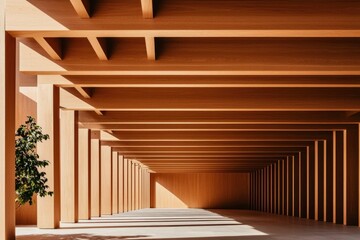wood beams tunnel with plant in minimal building. use for architecture background