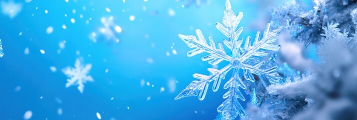 Leinwandbilder - Beautiful snowflake glistening against a blue background in the winter season. Generative AI