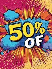 Aufkleber - Bold retro comic book style sale banner showcasing 50 percent discount for fashion promotions and sales events. Generative AI