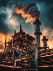 Poster - Industrial facility emits smoke against dramatic sunset sky with clouds and warm colors. Generative AI