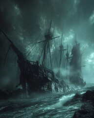 Wall Mural - An abandoned ghost ship with torn sails and masts _010