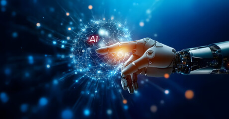 Wall Mural - .ai, machine learning, hand of robot and human touching on big data network connection, artificial i