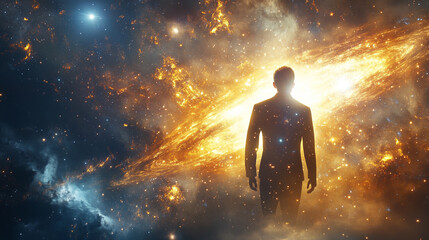 Wall Mural - Back of silhouette of ethereal human soul floating in deep space against vibrant nebula, symbolizing spiritual awakening, cosmic journey, self-discovery, and higher consciousness.

