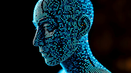 Man with data code on black background