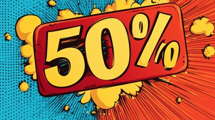 Aufkleber - Bold retro comic style background displaying a vibrant 50 percentage sign perfect for fashion sale promotions. Generative AI