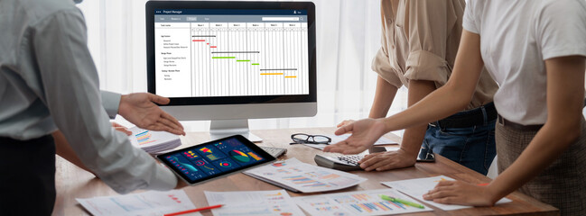 Leinwandbilder - Project planning software for brisk business project management on the computer screen showing timeline chart of the team project
