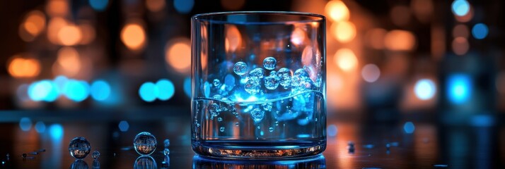 Poster - Transparent gas bubbles in laboratory beaker showcasing molecular details under ambient lighting in a scientific setting. Generative AI